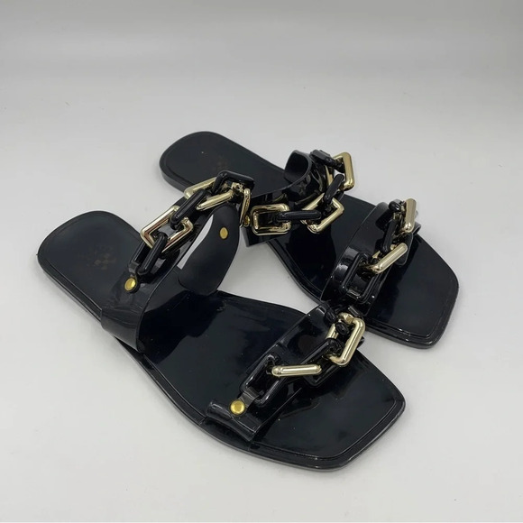 Vince Camuto black and gold chain strap open toe flat sandals - Picture 1 of 7
